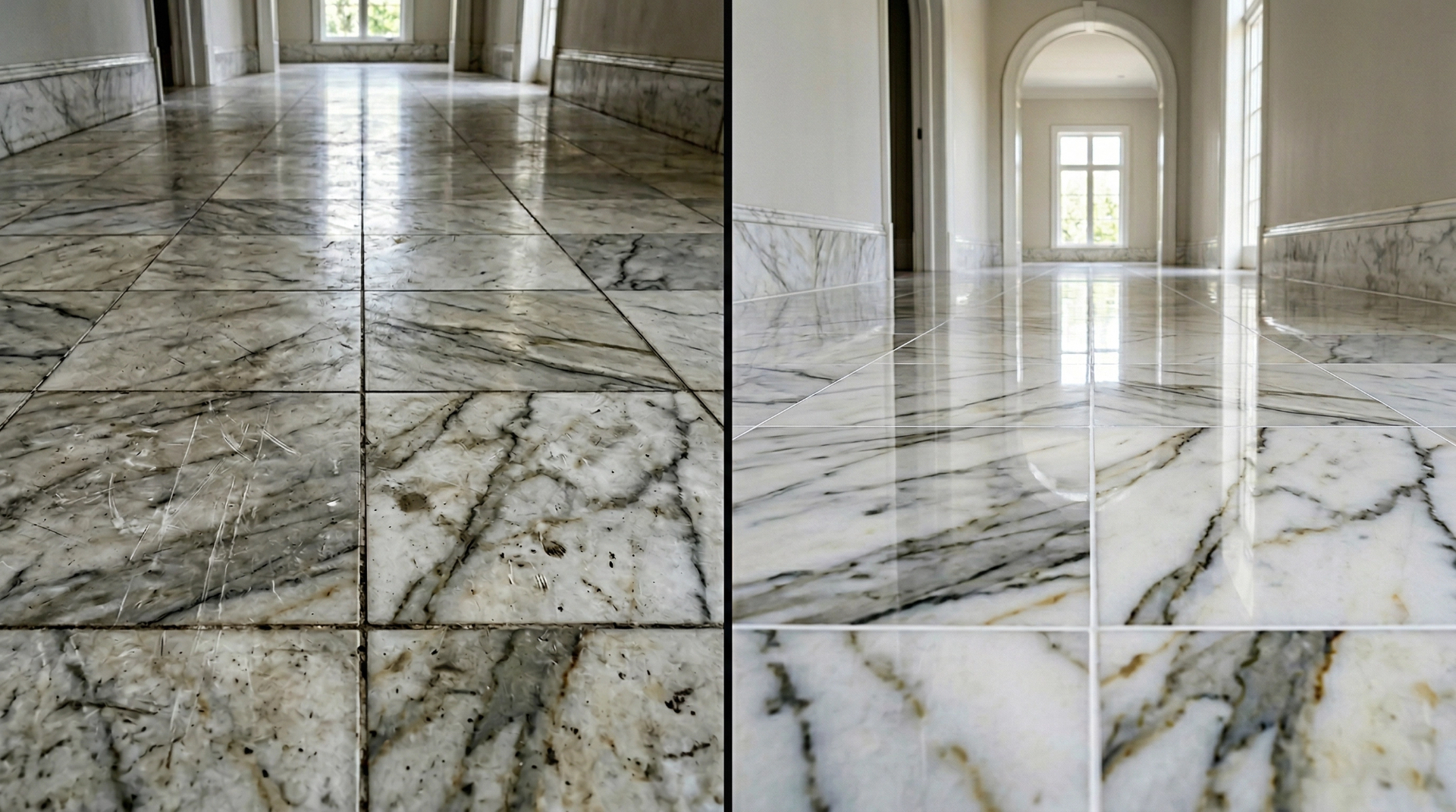 Before and after marble floor restoration — scratched dull marble on the left transformed to mirror-polished marble on the right